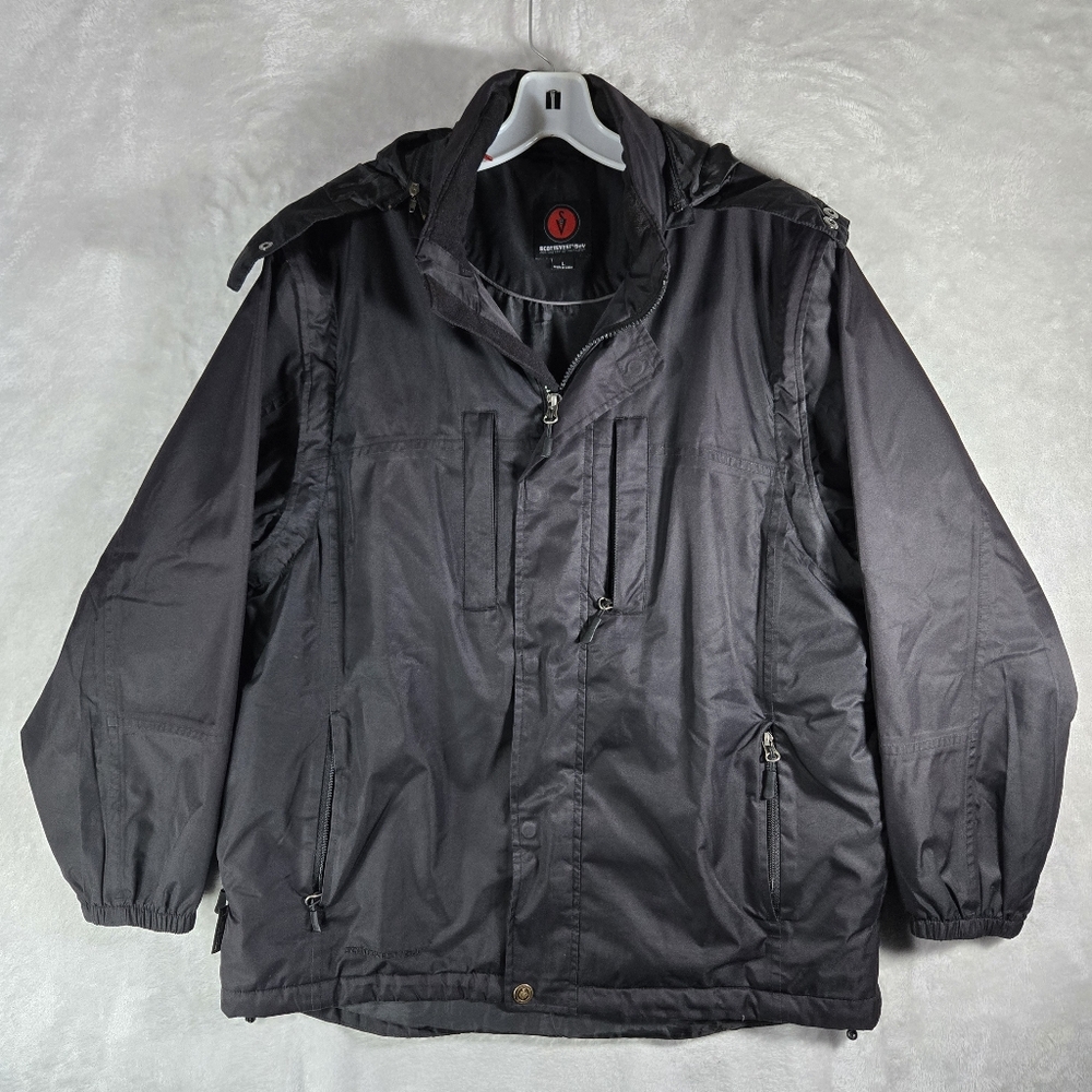 Scottevest Tec Jacket Men’s Large Black Windbreaker Convertible Hooded Read Des!